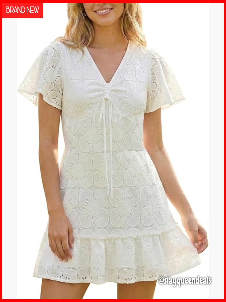 Women's Boho Eyelet Lace Mini Dress V Neck Drawstring Ruched Ruffle Hem Summer